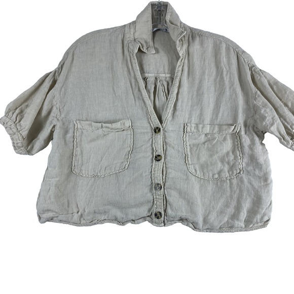 2/$30 Zara Blouse Top Shirt Sz XS Beige 100% Linen Boxy Coastal Lagenlook - Picture 2 of 10